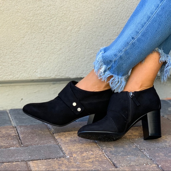 Pointy Toe Black Suede Low Profile Ankle Booties - Picture 4 of 8